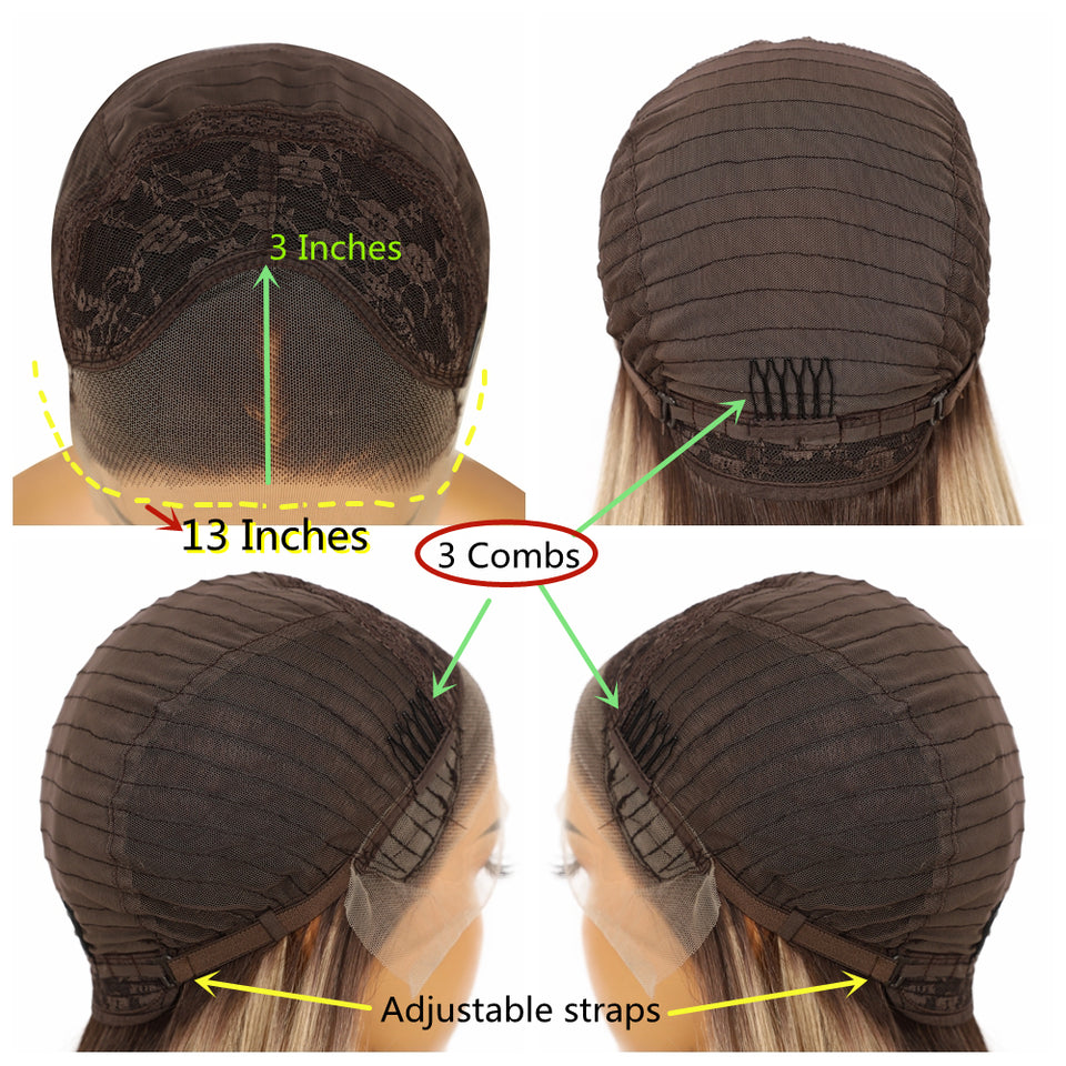 Four-panel product diagram showing the back view of a dark brown lace hairpiece/wig with measurements and feature callouts: 3 inches crown opening, 13 inches length, 3 combs, and adjustable straps.