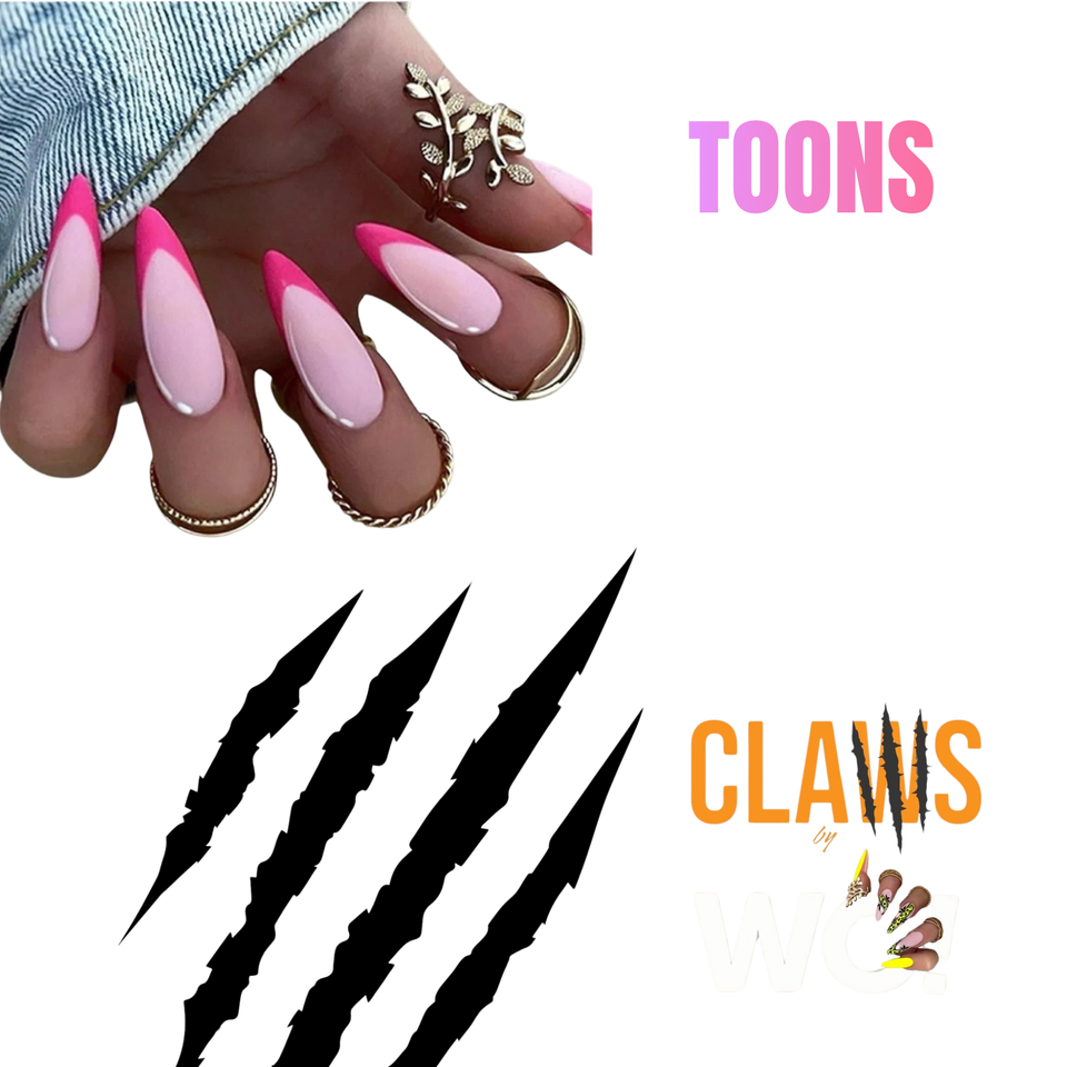 A collage showing a hand with long pink and white manicured nails wearing gold rings, alongside black claw-shaped decals and the text 'TOONS' and 'CLAWS' on a white background.