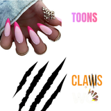 A collage showing a hand with long pink and white manicured nails wearing gold rings, alongside black claw-shaped decals and the text 'TOONS' and 'CLAWS' on a white background.